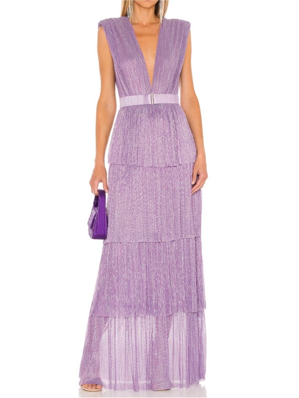 Sabina Musayev Shimmering Lavender Plunge Tiered Maxi Dress